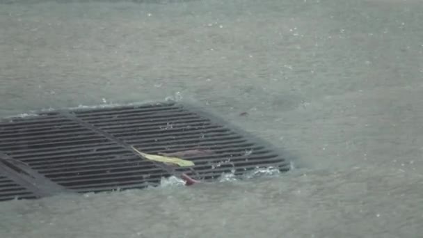 Motion Lent Fermer Excès Eau Pluie Coule Dans Drain Rouillé — Video