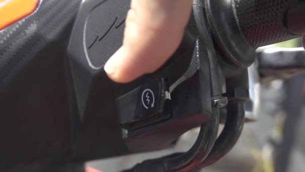 Slow Motion Macro Unknown Tourist Presses Ignition Button Cool Rental — Stock Video