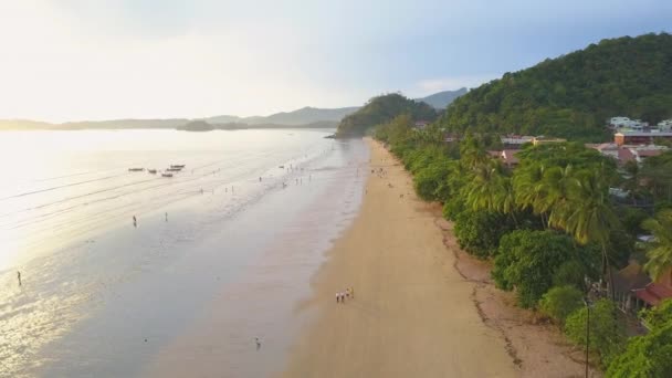 Aerial Numerosos Turistas Disfrutan Hermoso Día Soleado Verano Pintoresca Playa — Vídeos de Stock