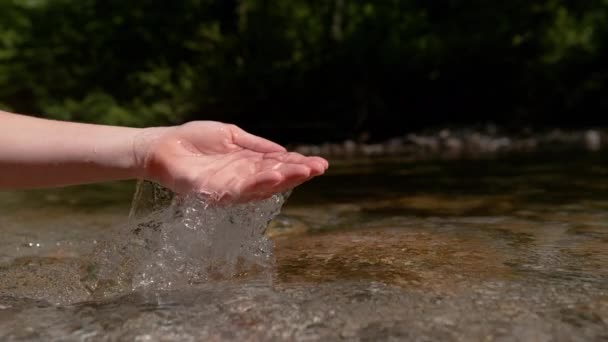 Slow Motion Close Copy Space Unknown Girl Scoops Handful Water — Stock Video