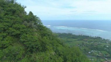 Fransız Polinezyası 'ndaki küçük uzak kıyı kasabası yükselen yeşil dağlarla korunuyor. Tropikal yağmur ormanlarıyla kaplı dik bir tepenin yanında uçarak sonsuz okyanusu seyrediyor..