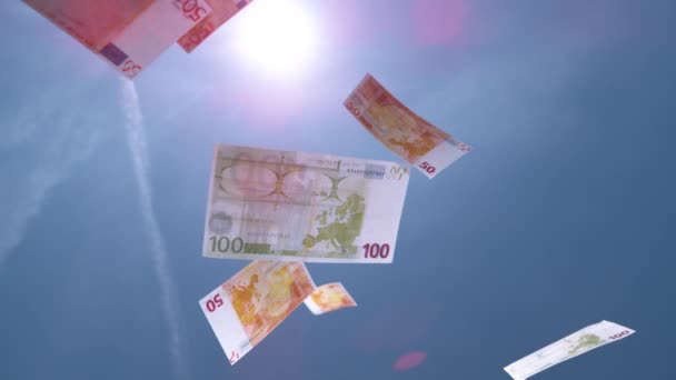 Slow Motion Close Money Falling Sky Euro Bills Falling Blue — Stock Video