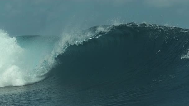 スローモーション閉じる 強力な輝くバレル波は タヒチ島の美しいTehupooで人気のあるサーフスポットを過ぎて急上昇します 太平洋から遠く離れた異国の島に向かって荒れ狂うチューブ波の素晴らしい眺め — ストック動画