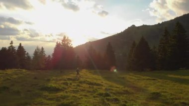 Anteni, Lens Flare: Uçan kadın turist köpeğiyle pitoresk bir altın edebiyat akşamı hiking boyunca. Trek günbatımında çarpıcı Slovence dağlarında çayır boyunca etkin kız ve köpeği.