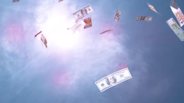 Slow Motion Närbild Pengar Faller Från Himlen Euro Och Dollarsedlar — Stockvideo