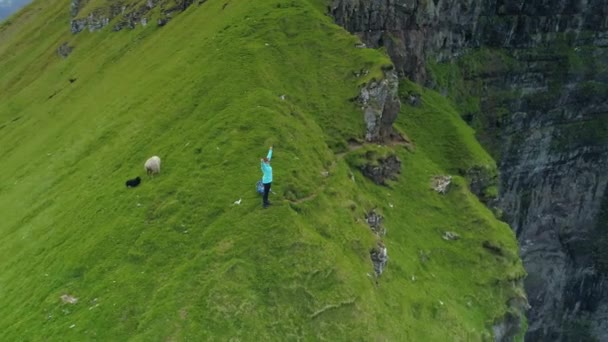 Aerial Young Female Hiker Stand Edge Grassy Mountain Raised Arms — Stock Video