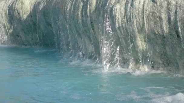 Slow Motion Close Glassy Spring Water Flows White Stone Ledge — Stock Video