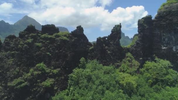 Antenne Vorbei Scharfen Felsen Und Steilen Bergen Die Von Dichten — Stockvideo