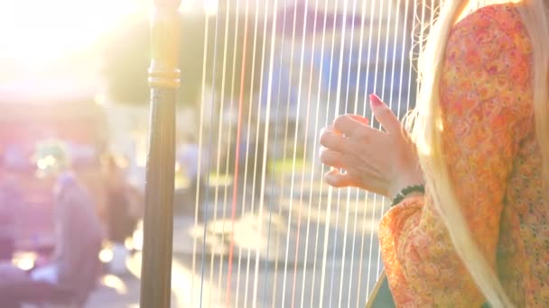 Slow Motion Close Lens Flare Unknown Street Musician Gently Plucking — Stock Video