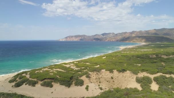 地中海の荒野を飛んで イタリアの大きな島の牧歌的な砂浜に向かいます 海岸に近づく壮大な風景とクリスタルクリア波の完璧な空中ショット — ストック動画