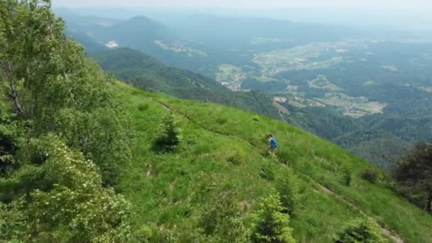 Anténa Létání Nad Aktivní Mladá Žena Trekking Úzké Stezce Alpách — Stock video