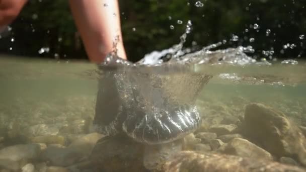 Half Underwater Slow Motion Close Dof Unrecognizable Active Woman Leather — Stock Video