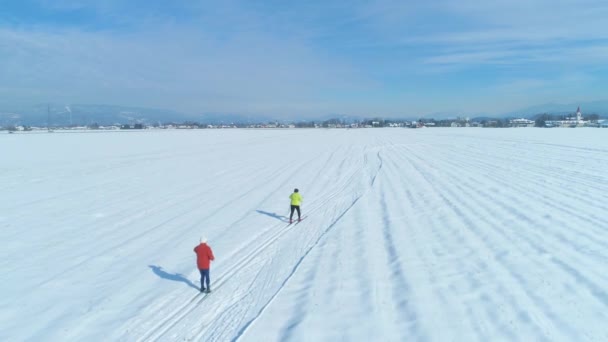 在田园诗般的阳光明媚的冬日 无法辨认的活跃妇女在越野滑雪 在两位活跃的女游客身后飞行 在风景如画的寒冷乡村滑雪 享受冬天的生活 — 图库视频影像