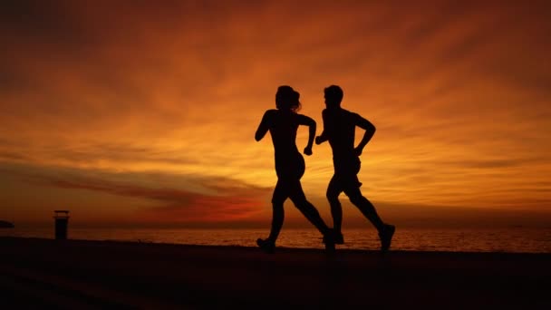 Silhouette Jovem Mulher Irreconhecível Exercitando Juntos Junto Oceano Corredores Atléticos — Vídeo de Stock