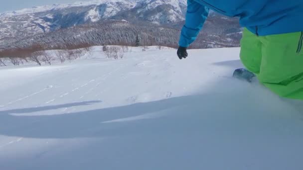 Slow Motion Low Angle Selfie Unrecognizable Male Snowboarder Carves Untouched — Stock Video