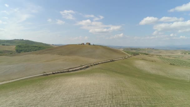 Aerial Flying Large Meadows Surrounding Empty Asphalt Road Leading Two — Stock Video