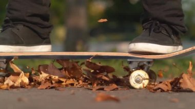 Slow Motion, Macro, Dof: Kahverengi ve turuncu yapraklar havada uçuşurken, güneşli bir sonbahar gününde bilinmeyen bir kaykaycı asfalt yolda ilerliyor. Genç kaykaycı güvertesinde sonbahar yaprakları arasında geziyor..