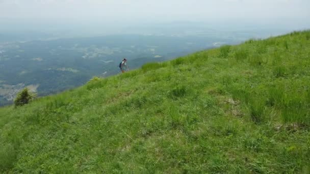 航空写真 若い女性登山彼女の愛らしい黒い子犬とスロベニア アルプスの険しい山を昇順します アクティブな女性と美しい晴れた日に緑の丘をハイキング フィット犬上空 — ストック動画