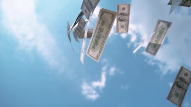 Pomalý Pohyb Zavřít Money Falling Sky Stodolarové Bankovky Padající Modré — Stock video