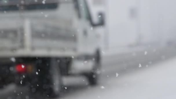 Powolny Ruch Dof Powolny Ruch Dół Autostrady Podczas Burzy Śnieżnej — Wideo stockowe