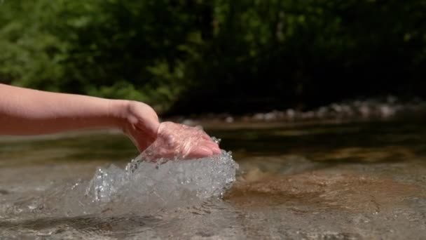 Slow Motion Close Unrecognizable Young Woman Scoops Handful Refreshing River — 图库视频影像