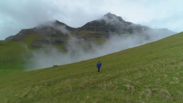 Aerial Mujer Vacaciones Activas Disfrutando Una Caminata Través Pasto Vacío — Vídeo de stock