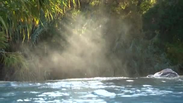 Steam Rolls Thermal Water Flowing Stone Ledge Cool Outdoor Spa — Stock Video