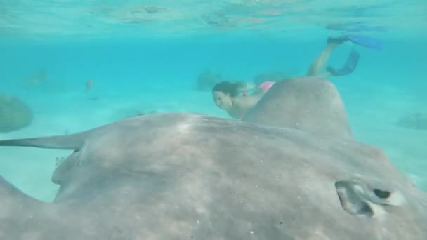 Slow Motion Onderwater Glimlachende Vrouw Duikt Het Turquoise Water Tussen — Stockvideo