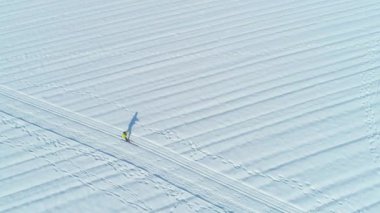 Anteni, üst aşağı: Aktif kadın büyük bir karlı düz Slovenya arasında kayak renkli kış ceket. Uçan bir güneşli kış günü pastoral kırsal bölgede kayak tarafından zevk kadın turist yukarıda