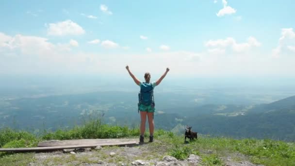 Luchtfoto Actief Meisje Houdt Haar Armen Omhoog Overwinning Het Beklimmen — Stockvideo