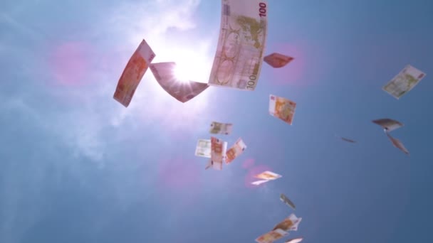 Moción Lenta Cerrar Dinero Cayendo Del Cielo Billetes Euros Cayendo — Vídeo de stock