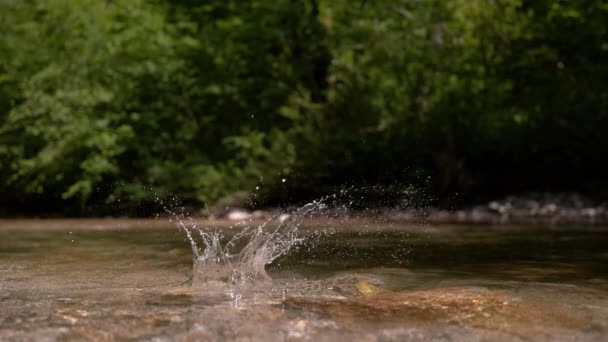 Slow Motion Close Shiny Stone Comes Flying Out Sky Falls — Stock Video