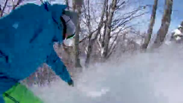 Selfie クールなスノーボーダーは新雪パウダーを彫るし 雪の山に木を忌避します 極端な男乗り物彼のスノーボード ゲレンデと危険な森の中 完璧に晴れた冬の日 — ストック動画