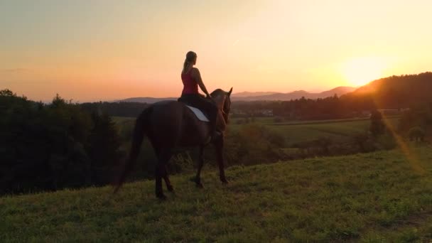 镜头耀斑 坐在马背上观看如诗如画的日落的无法辨认的女孩 在一个阳光明媚的早晨 年轻的骑马者会欣赏令人叹为观止的斯洛文尼亚乡村 — 图库视频影像