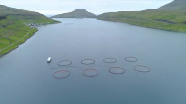 Hava: yuvarlak soğuk denize yakın bir sakin balıkçı köyü Faroe Adaları'nın nefes kesen sağlam kırsalında kafeslerde yukarıda uçan. Muhteşem çimenli dağlar deniz ve kıyı kenti bakar.