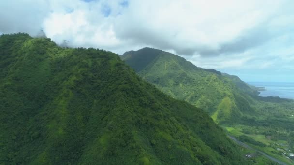 AÉRIAL : Voler près de la montagne escarpée envahie par une jungle dense et luxuriante recouvrant l "île tropicale isolée. De petites maisons se cachent dans la vallée sous les montagnes verdoyantes de Tahiti .