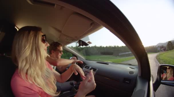 Slow Motion Close Lovely Young Couple Dances Sings While Driving — Stock Video