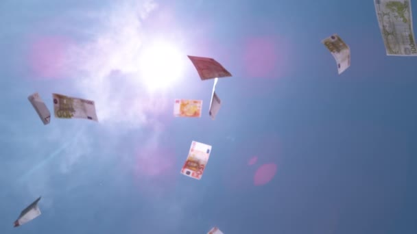 Slow Motion Närbild Pengar Faller Från Himlen Eurosedlar Faller Från — Stockvideo