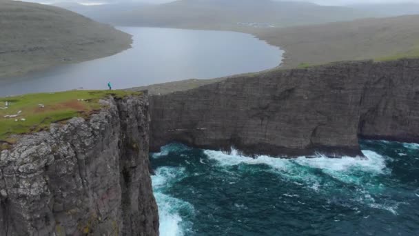 Aerial Young Female Traveller Hikes Edge Cliff See Breathtaking Green — Stock Video