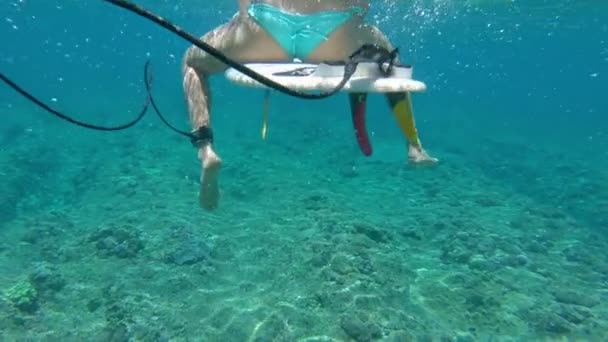 Slow Motion Onderwater Close Onherkenbaar Vrouw Bikini Zit Haar Surfplank — Stockvideo