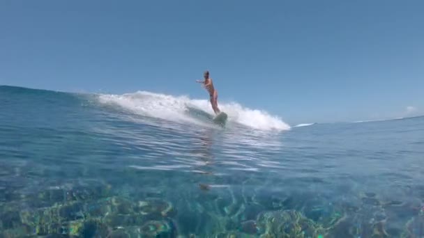 Slow Motion Low Angle Underwater Young Surfboarder Happy Catch Ride — Stock Video