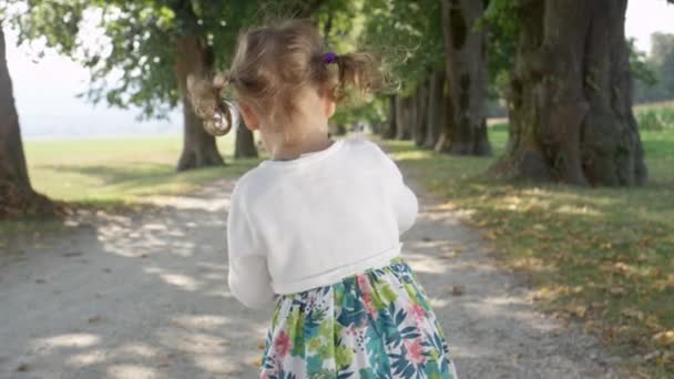 Slow Motion Närbild Joyful Girl Med Pigtails Danser Parken Håller — Stockvideo