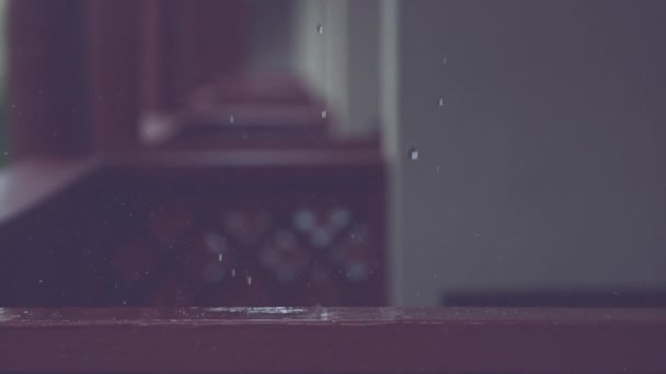 Slow Motion Close Dof Raindrops Fall Wooden Railing Splash Empty — Stock Video