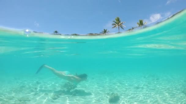 Slow Motion Half Underwater Young Woman Vacation Snorkeling Perfect Tropical — Stock Video