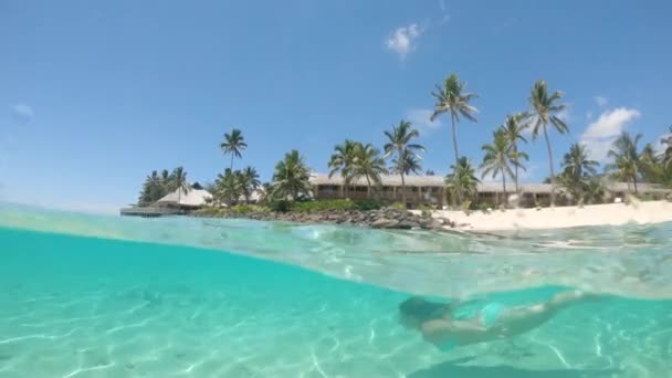 슬로우 목가적 바닷가 호텔을 화려한 바다에서 청록색 비키니 다이빙을하는 제도의 — 비디오
