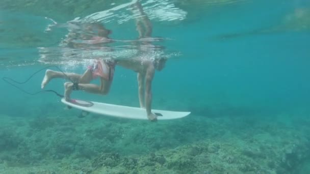 Slow Motion Underwater Pro Male Surfer Does Cool Duck Dive — Stock Video