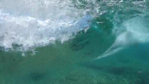 Slow Motion Underwater Unrecognizable Pro Surfer Surfing Tube Wave Carefree — Stock Video