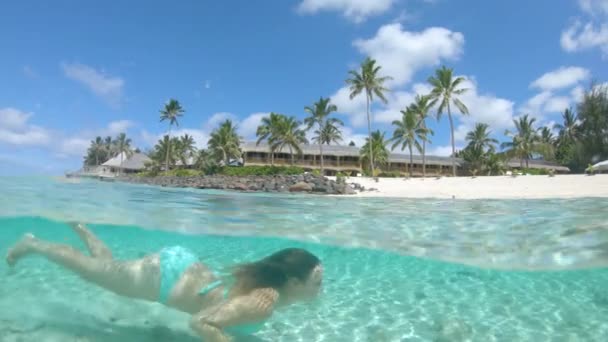 Half Underwater Alegre Turista Femenina Para Una Inmersión Relajante Mar — Vídeo de stock