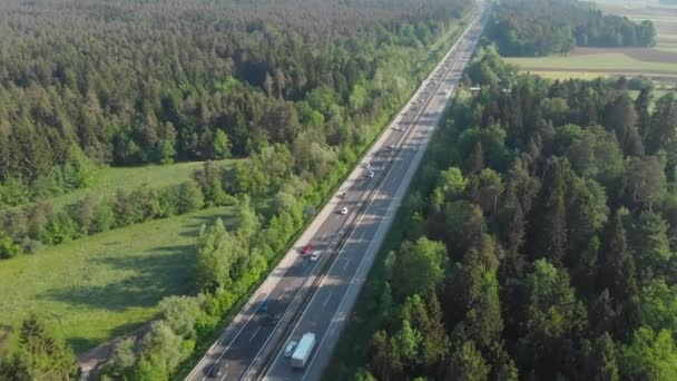Aerial Pływające Powyżej Zatłoczonej Asfaltowej Autostrady Biegnące Przez Piękny Zielony — Wideo stockowe