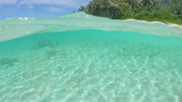 Slow Motion Połowa Podwodne Spektakularny Strzał Białej Piaszczystej Plaży Otoczony — Wideo stockowe